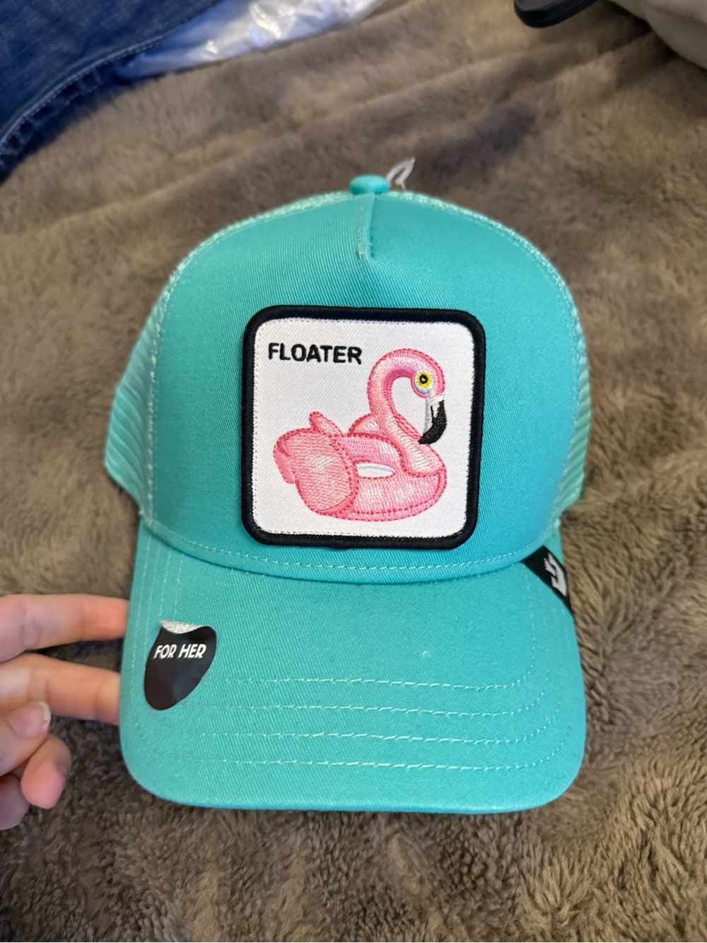 Turquoise Trucker Hat with Pink Flamingo Patch